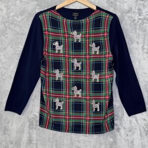Talbots Sweater Womens Medium Navy Plaid Scottie Dog 100% Merino Wool Tartan